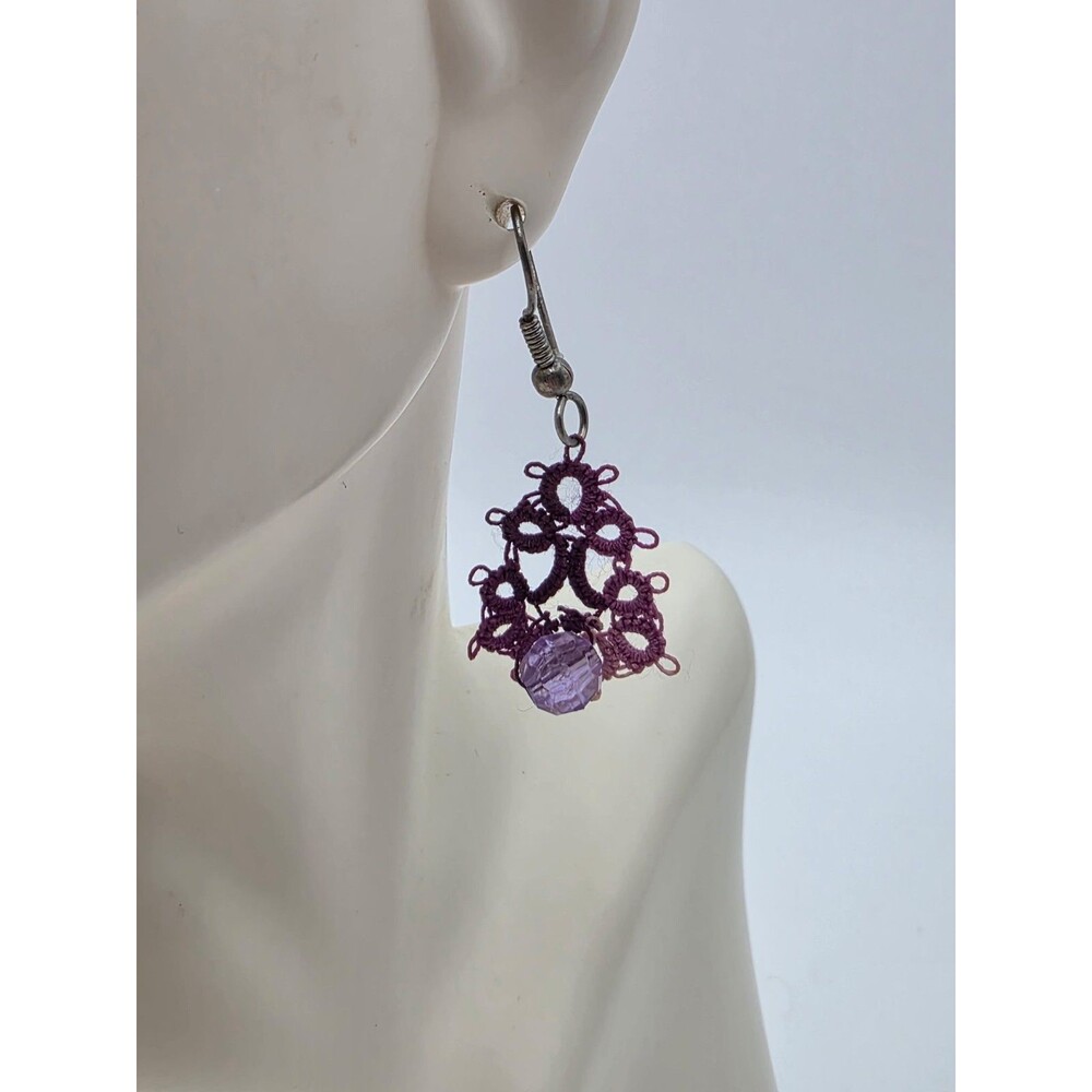 Purple Tatted Dangle Earrings W/ Purple Bead 1 1/2"
